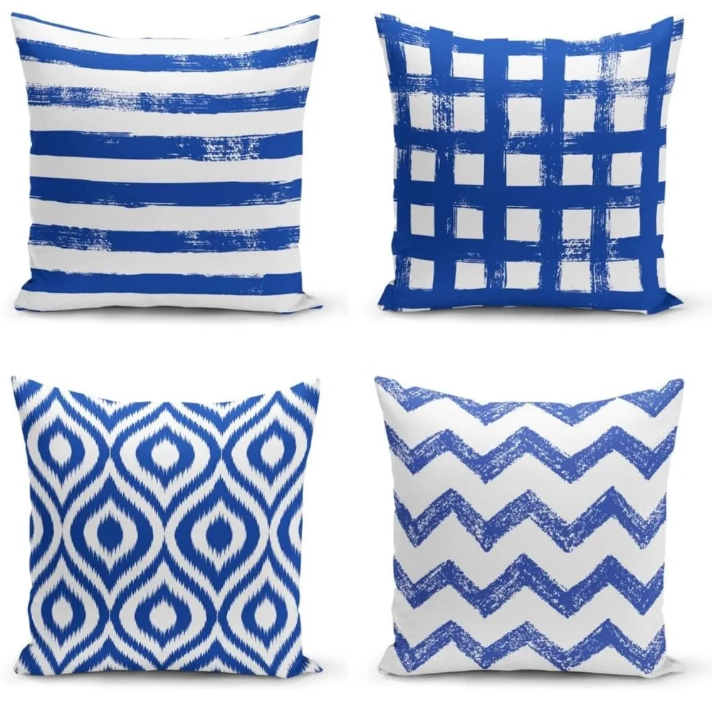 4pcs‎ Textile Decorative Pillow/Cushion Covers white/blue 17”x17”